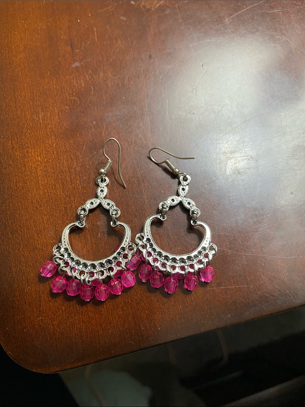 Silver Drop Earrings with Pink Bead Fringe